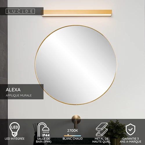 Lucide ALEXA - Applique murale Salle de bains - LED - 1x8W 2700K - IP44 - Or Mat / Laiton - USP